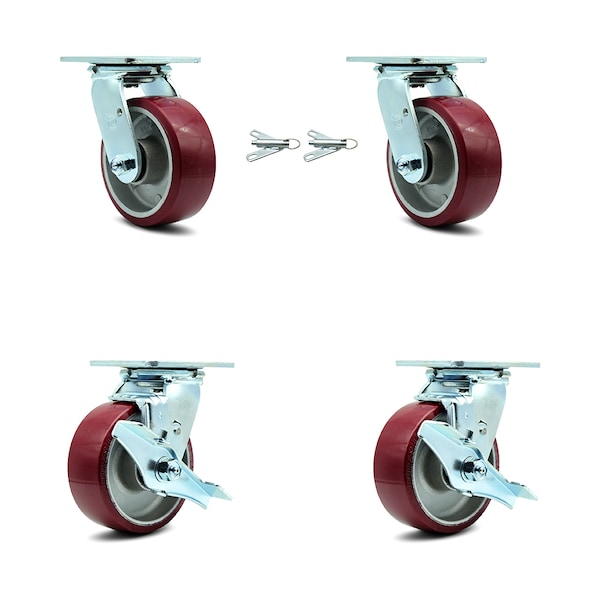 5 Inch Poly on Aluminum Caster Set with Ball Bearings 2 Swivel Lock 2 Brake SCC